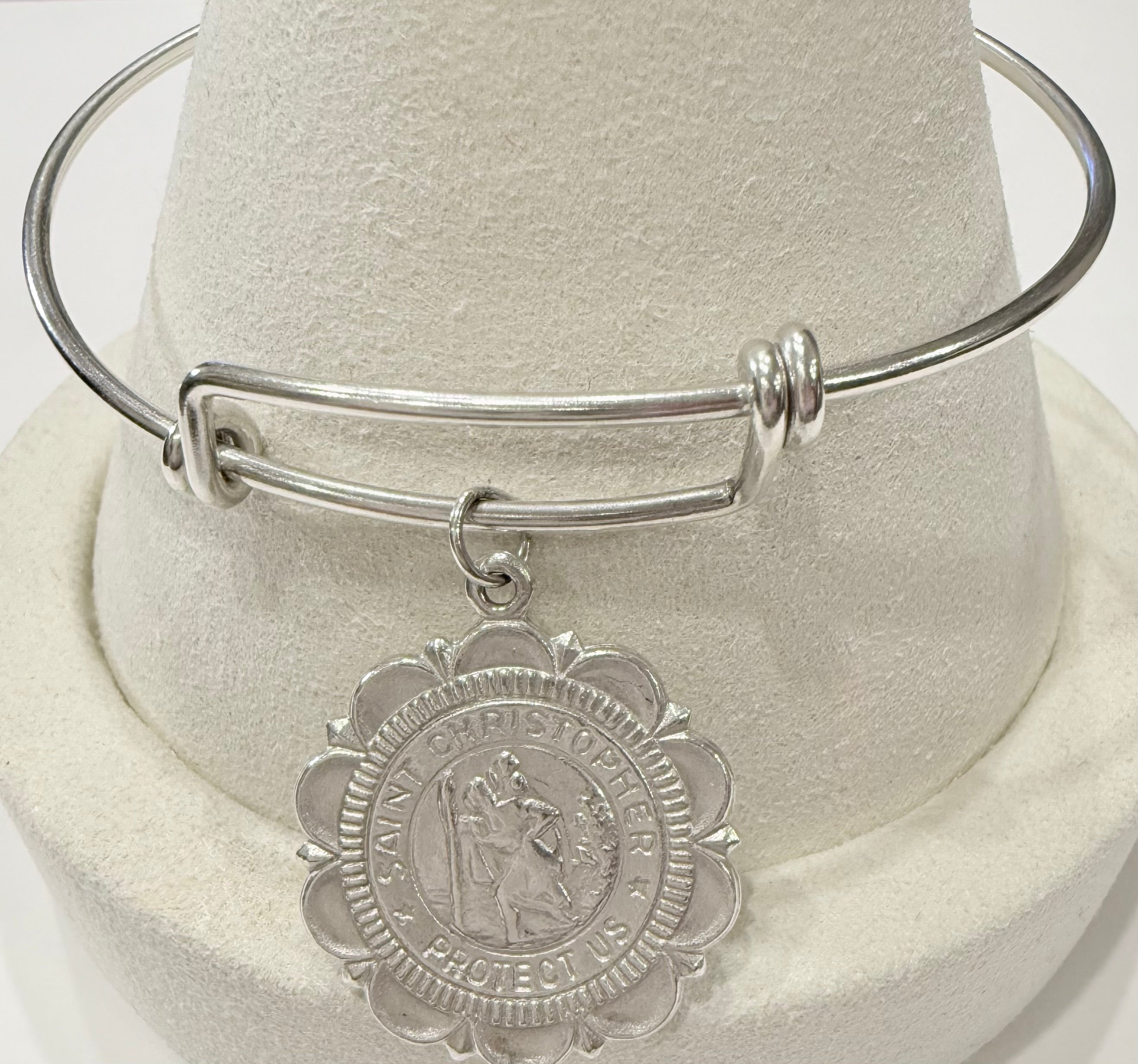 Saint Christopher Scalloped Charm Wire Bracelet