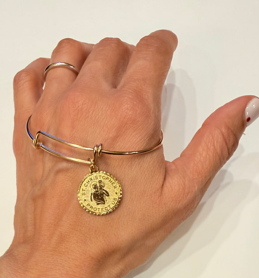 Gold Saint Christopher Charm Wire Bracelet